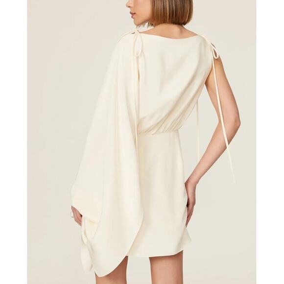 Alexis Wesley Dress One Shoulder Cape Sleeve Mini Blouson 100% Silk Cream Medium - Picture 2 of 10